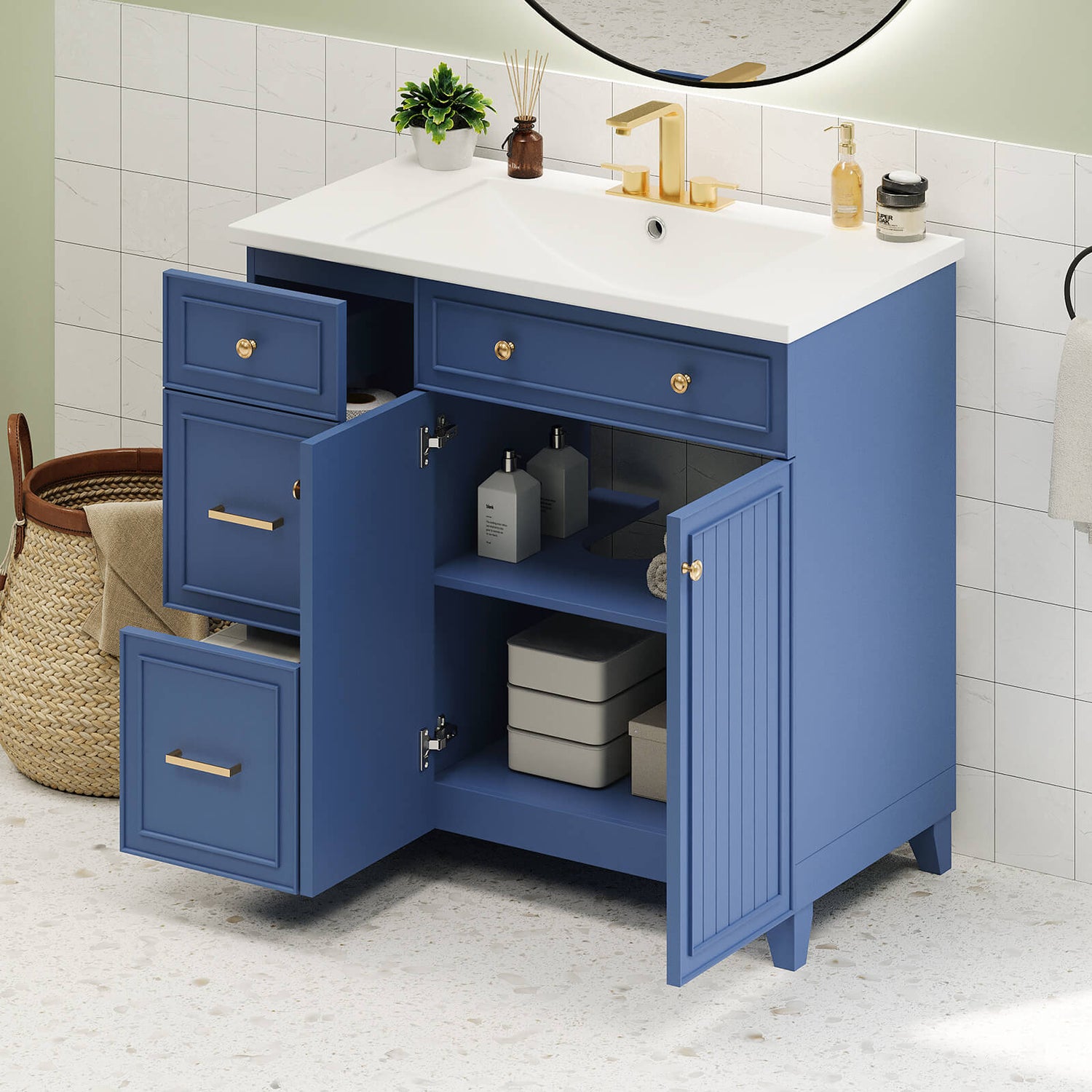 Freestanding 36-inch bathroom vanity in navy blue