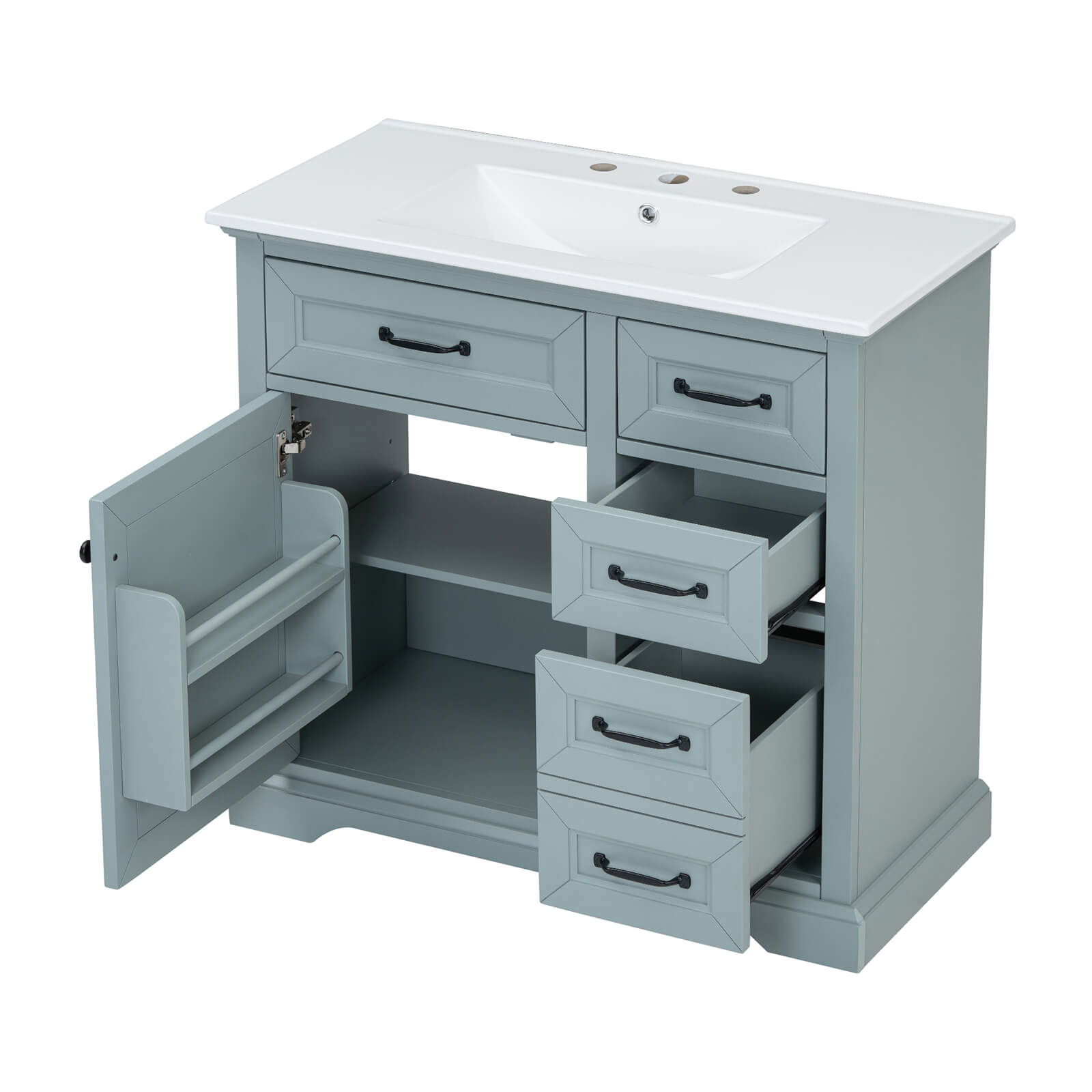 Full View of 36 Inch Gray Green Freestanding Bathroom Vanity with Cabinet and Drawers