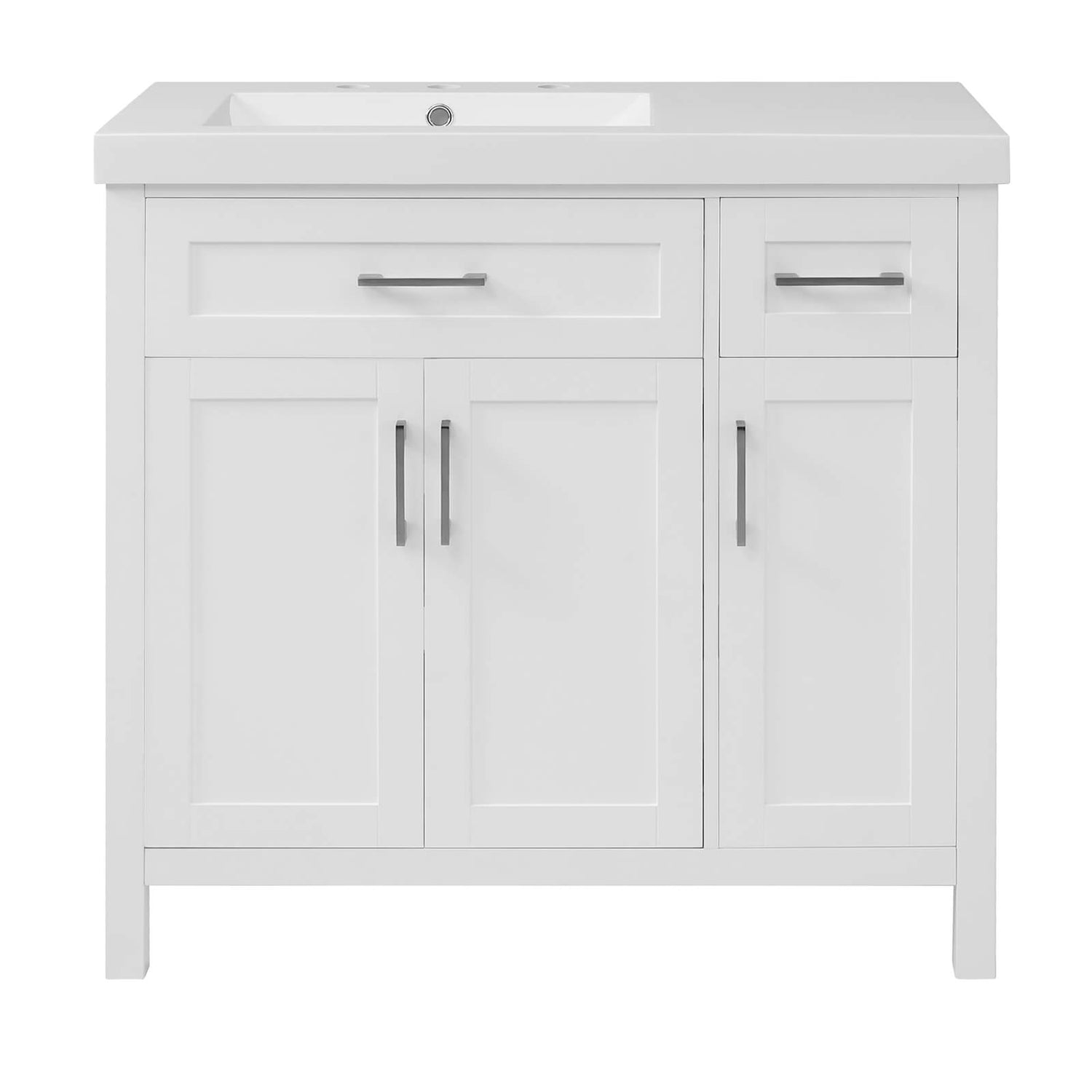 Functional 36 inch white bathroom vanity with left offset sink and scratch resistant countertop