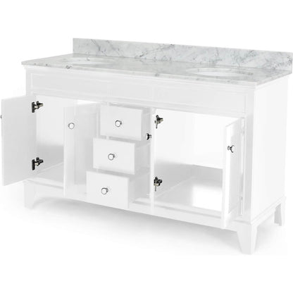 Functional 61 Inch White Double Sink Vanity with Backsplash and Silver Handles