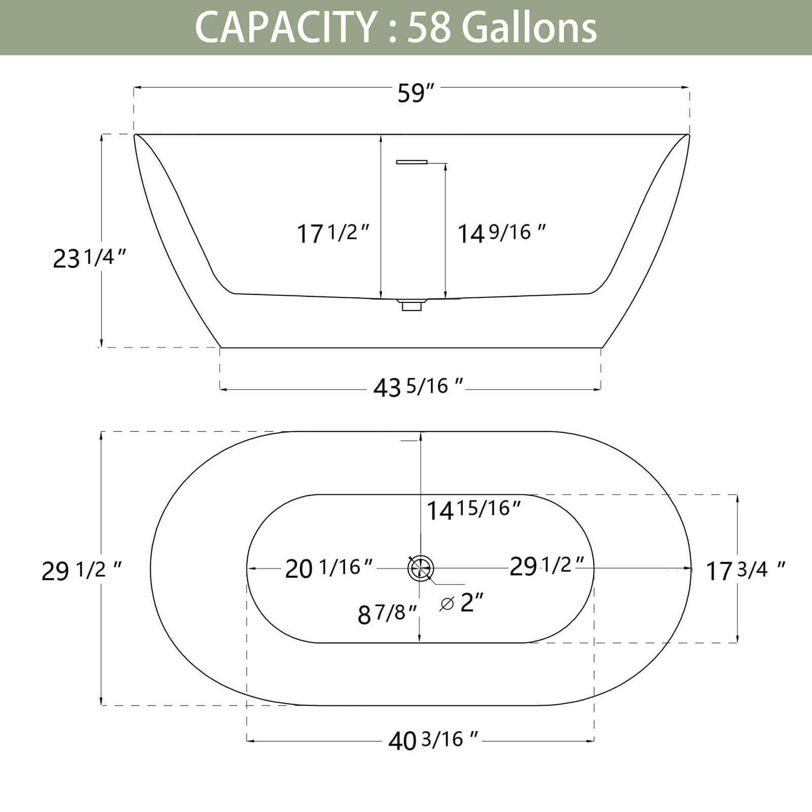 Gloss Black 59 Anti Clog Classic Oval Acrylic Tub Dimensions Outline Chart