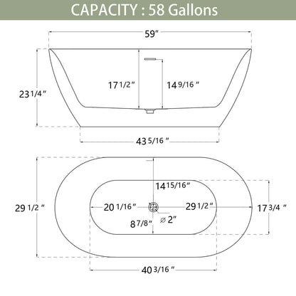 Gloss Black 59 Anti Clog Classic Oval Acrylic Tub Dimensions Outline Chart