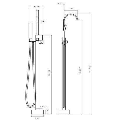 Gold Freestanding Tub Filler Faucet Featuring a Curved Top Design Hand Shower Size