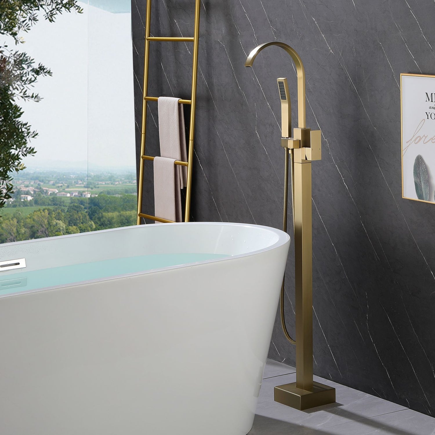 Gold Freestanding Tub Filler Faucet Featuring a Curved Top Design Hand Shower