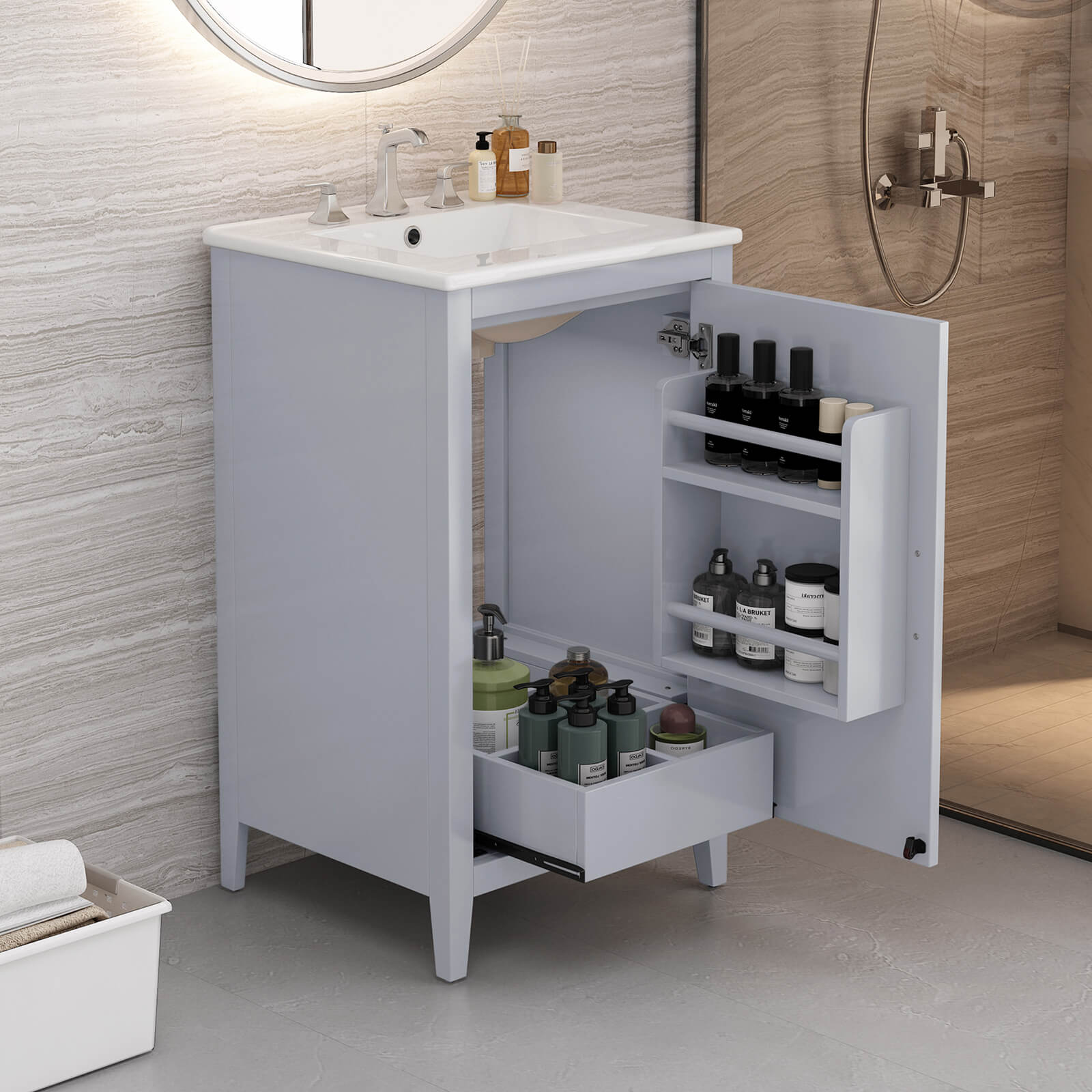 Gray French country bathroom vanity with storage