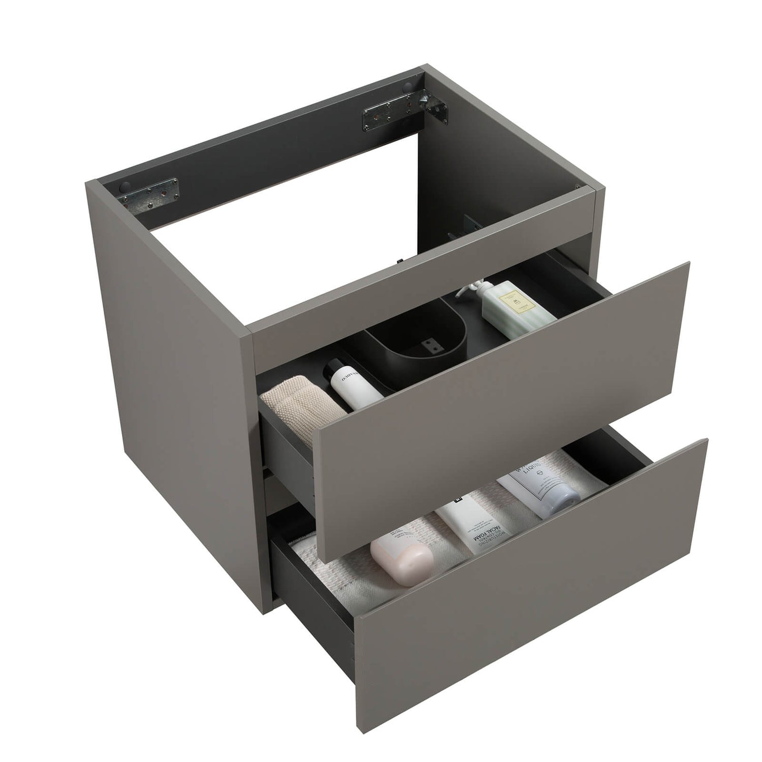 Gray floating vanity base with ample storage for compact bathrooms