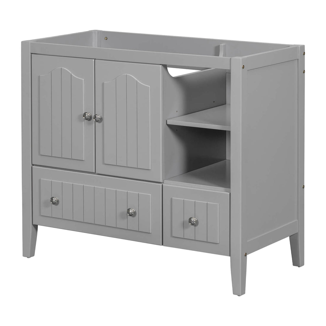 Gray vanity cabinet offering stylish storage and a customizable design