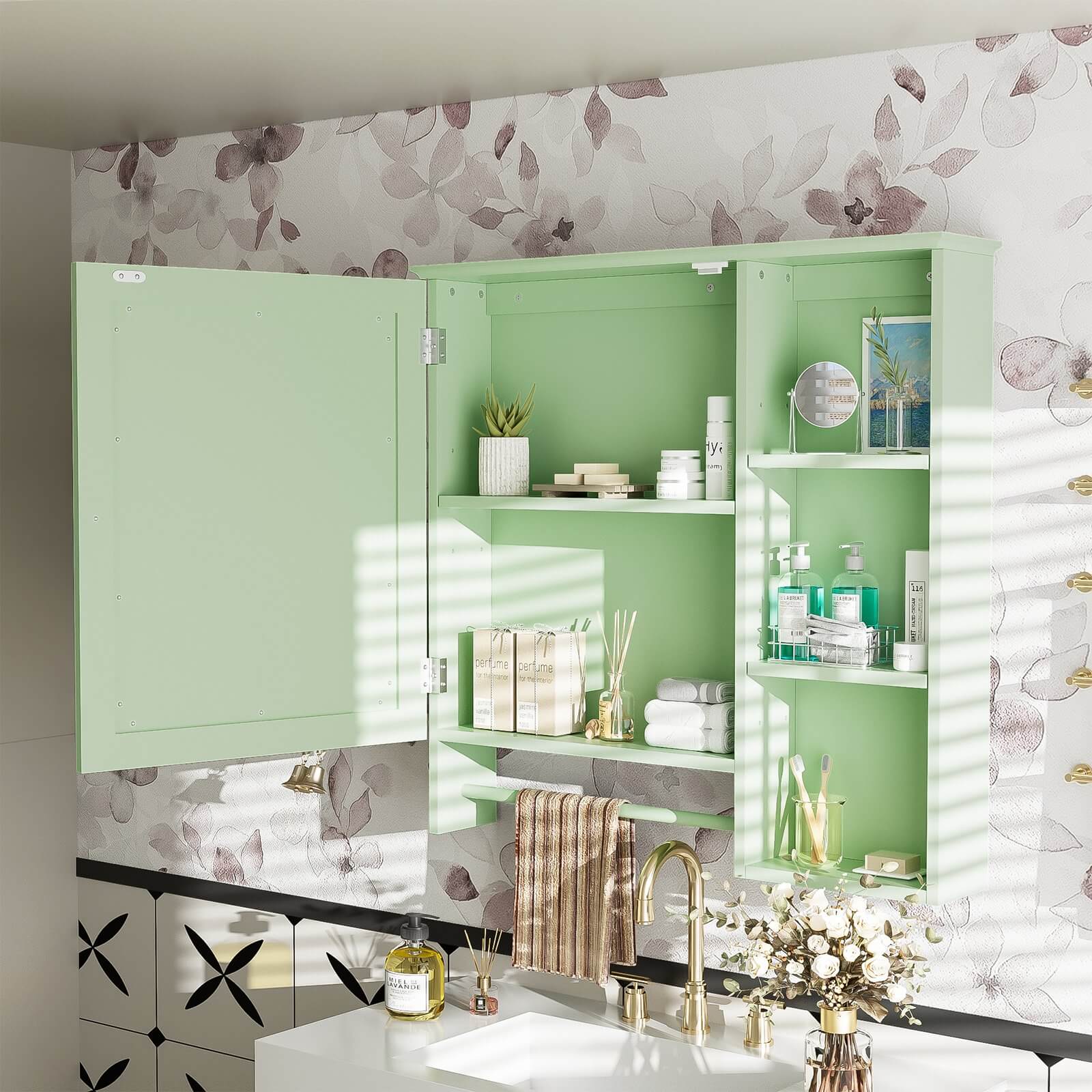 Green Wall Mounted Medicine Cabinet with Mirror Doors and Open Shelves