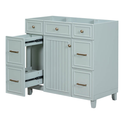 Green bathroom vanity cabinet with gold handles and soft close drawers