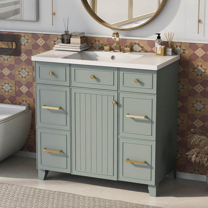 Green bathroom vanity with gold handles