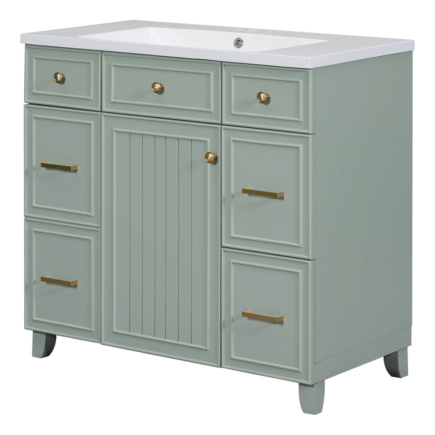 Green bathroom vanity with soft close drawers and resin sink