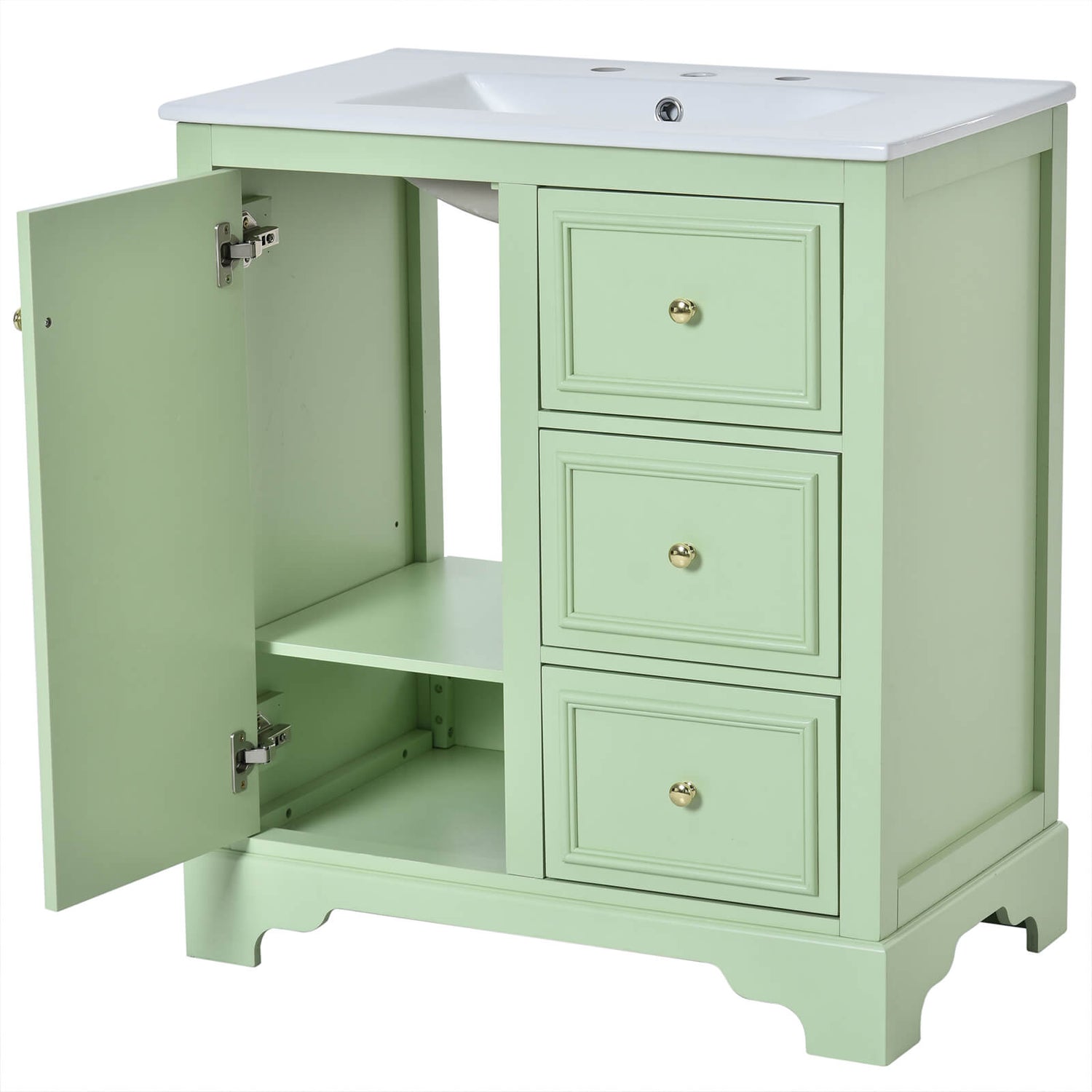 Green floor mount vanity with minimalist design and ample storage options