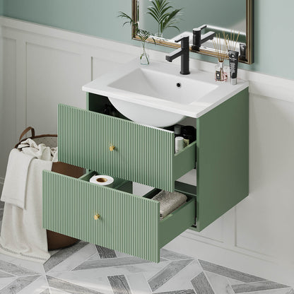 Green wall mounted vanity with single hole ceramic sink