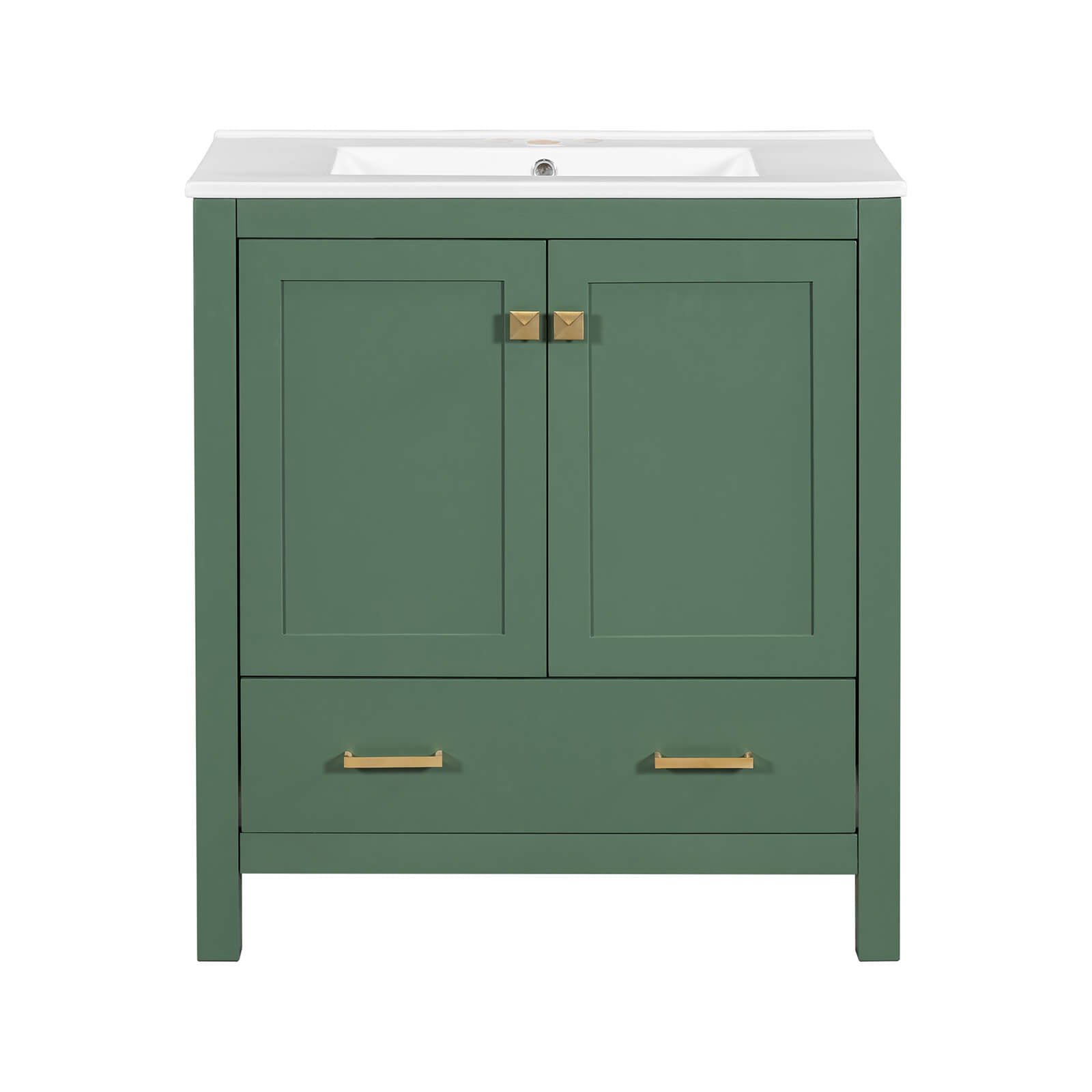 Green bathroom vanity with pre-drilled ceramic sink