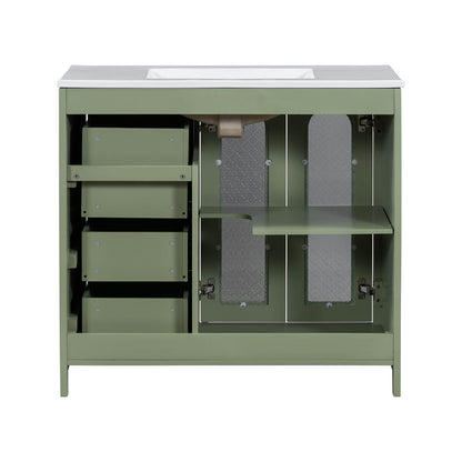 Green and gold vanity cabinet with ceramic counter top