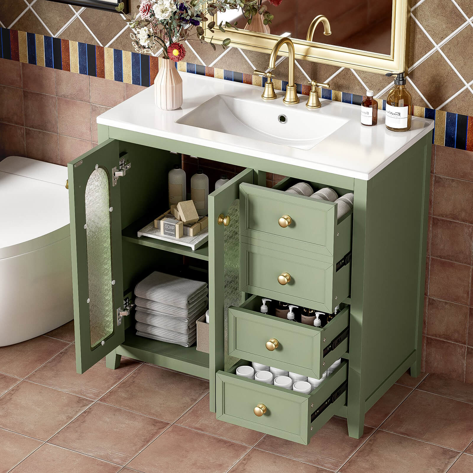 Green bathroom vanity with white ceramic sink and over flow