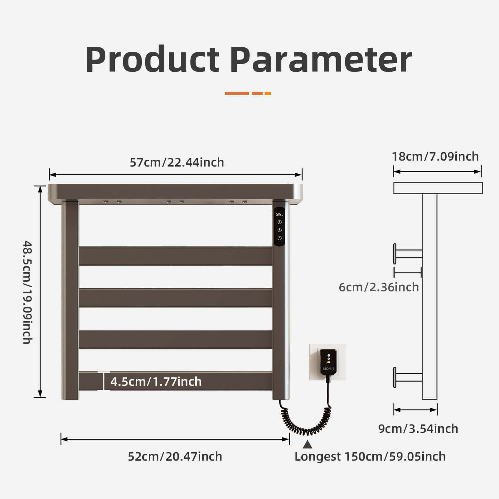 Grey Plug-In Heated Towel Rack Dimensions