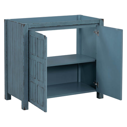 Grid patterned 36 blue vanity cabinet for bathroom storage