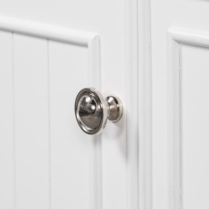 Handle detail on 36 inch white bathroom vanity cabinet with 4 drawers