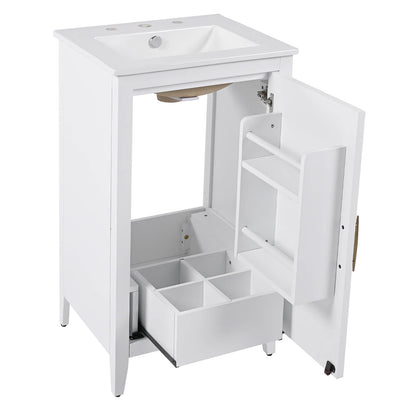 High end white bathroom vanity with gold handles and waterproof features