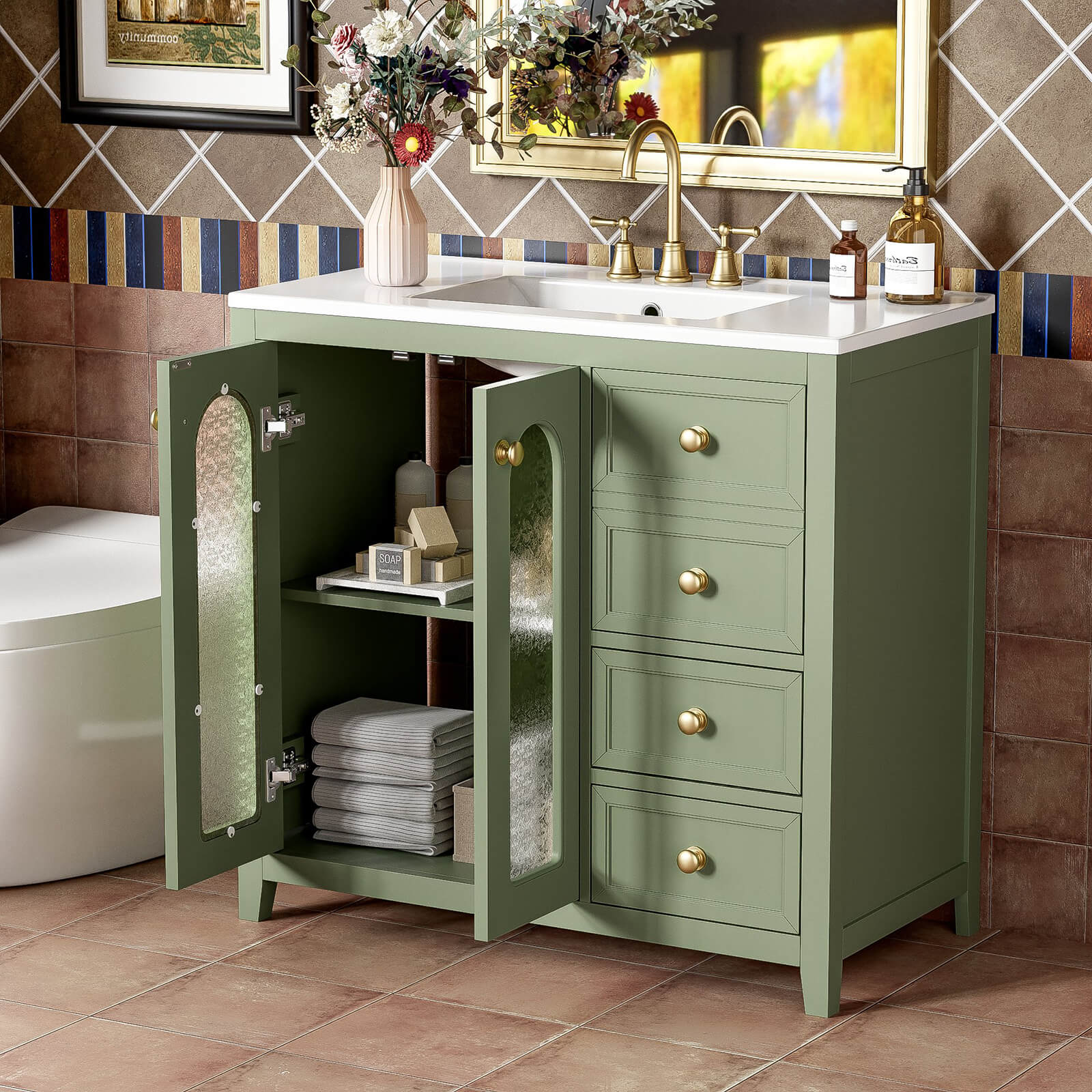 High end design 36 inch green bathroom vanity with patterned glass door