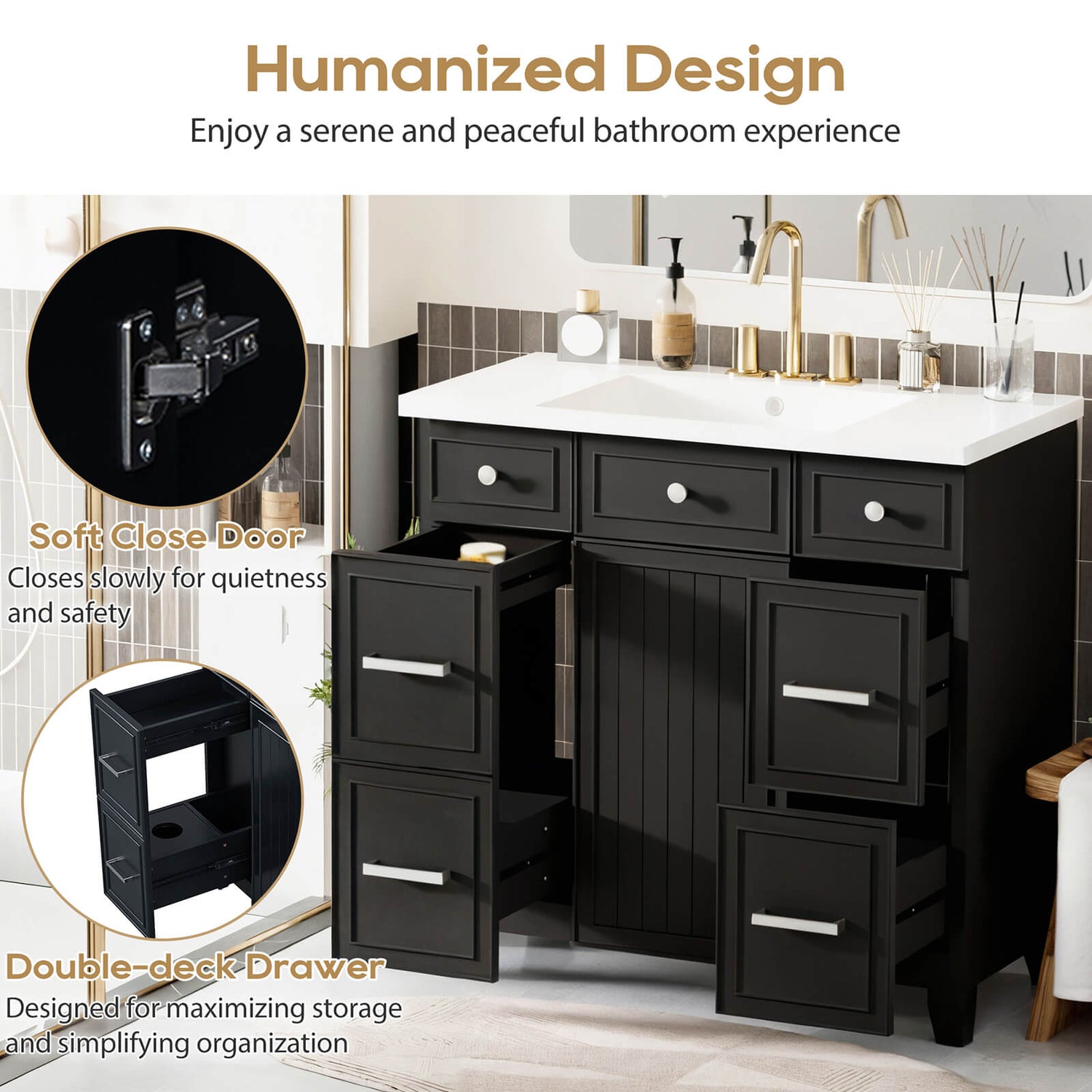 Hinge and drawer details for a 36 inch black bathroom vanity with integrated resin sink