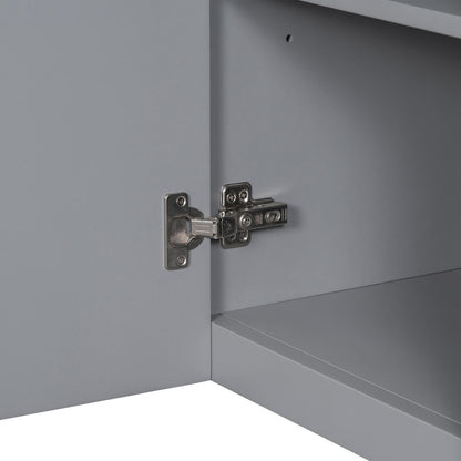 Hinge detail display of 36 inch grey bathroom vanity cabinet with 4 drawers