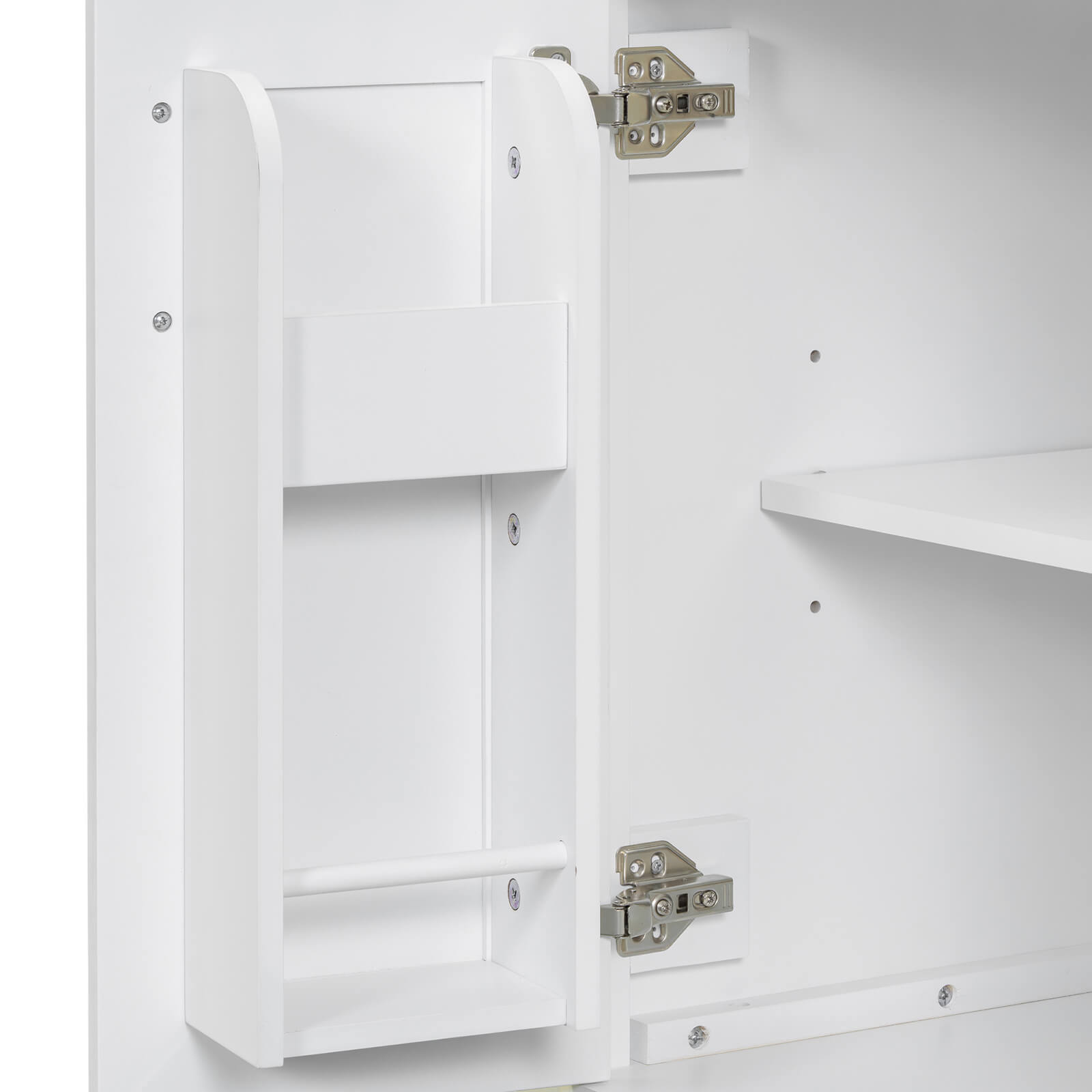 Hinge detail of 24 in white dresser with built in shelves inside the door