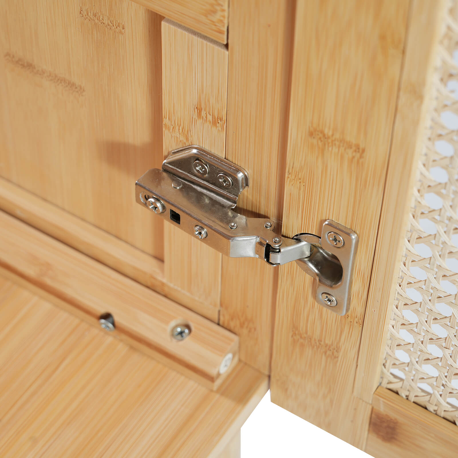 Hinge detail of 30 inch rattan bathroom vanity with top basin