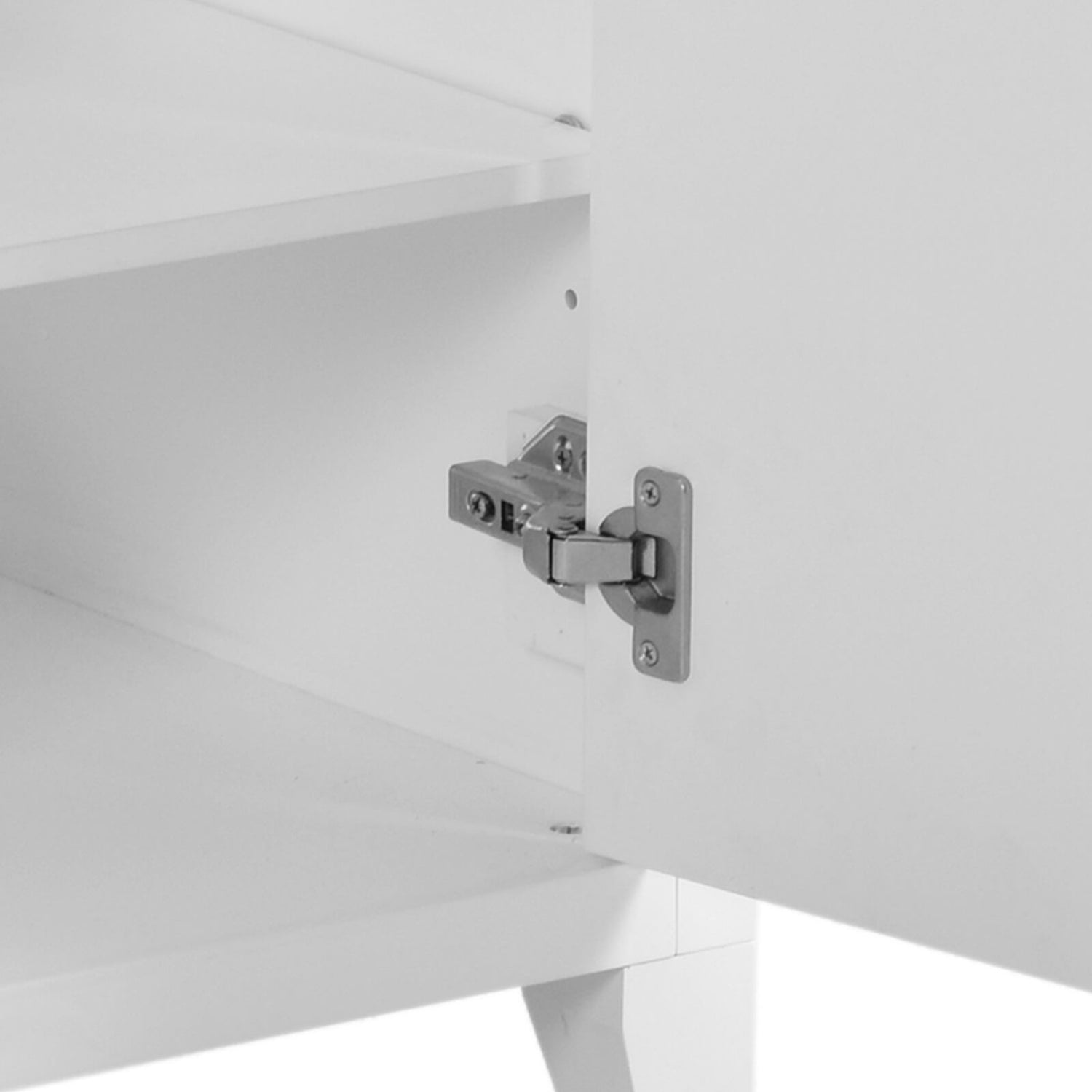 Hinge detail of 30 inch white bathroom vanity with 2 left side drawers