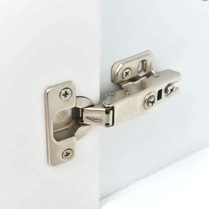 Hinge detail on a 24 inch Shaker style bathroom vanity with open storage