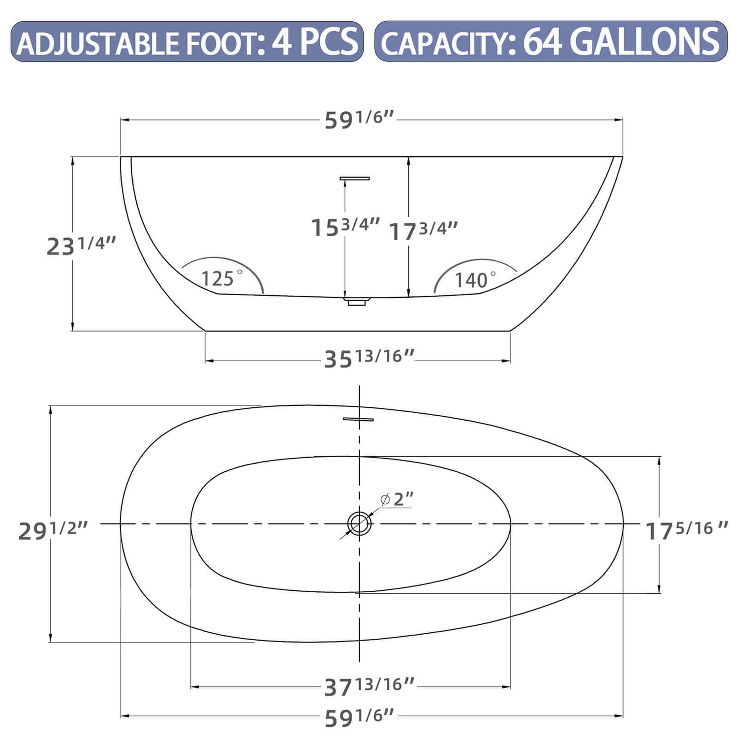 Insulated Acrylic Freestanding Soaking Tub Dimensional Outline