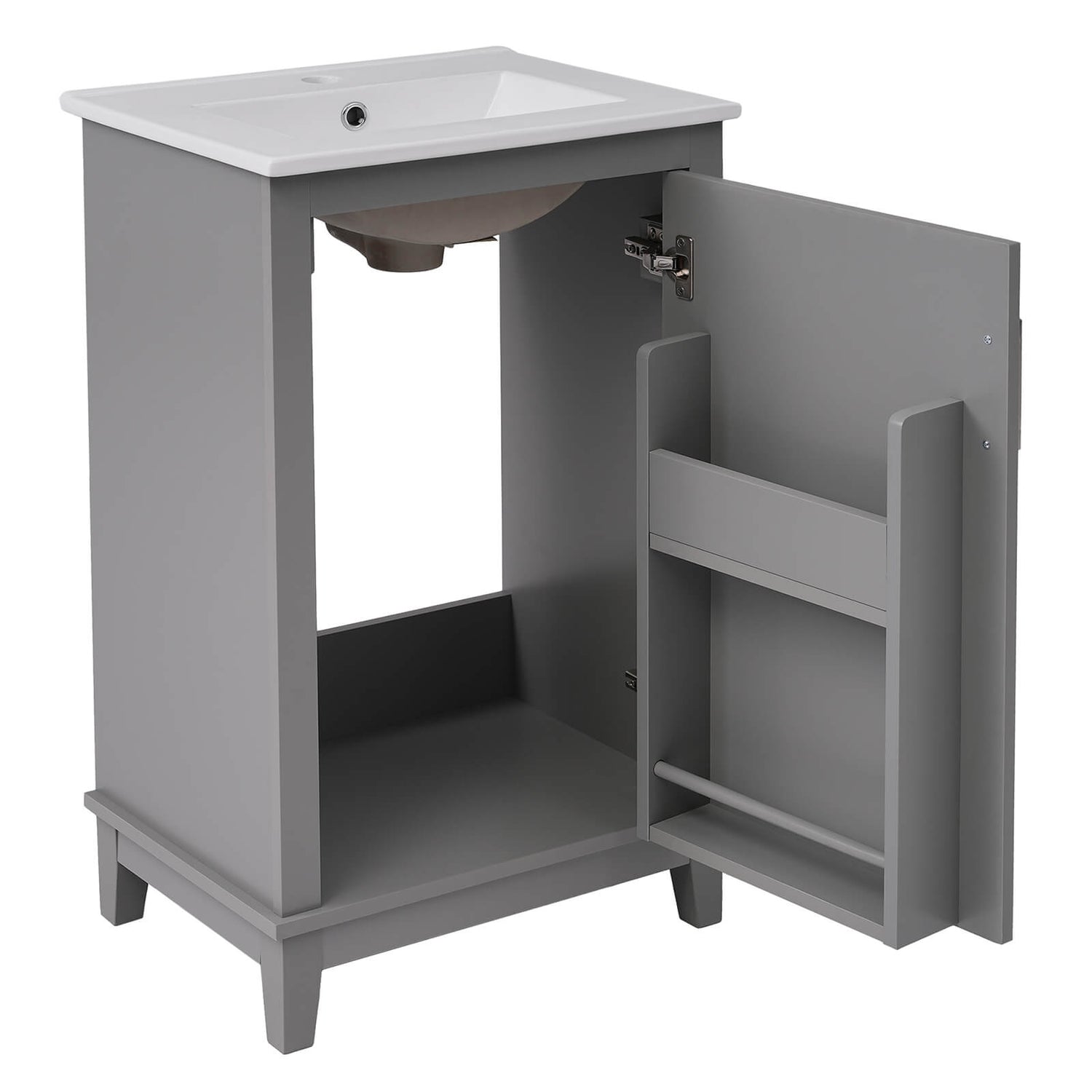 Integrated ceramic sink in gray bathroom vanity