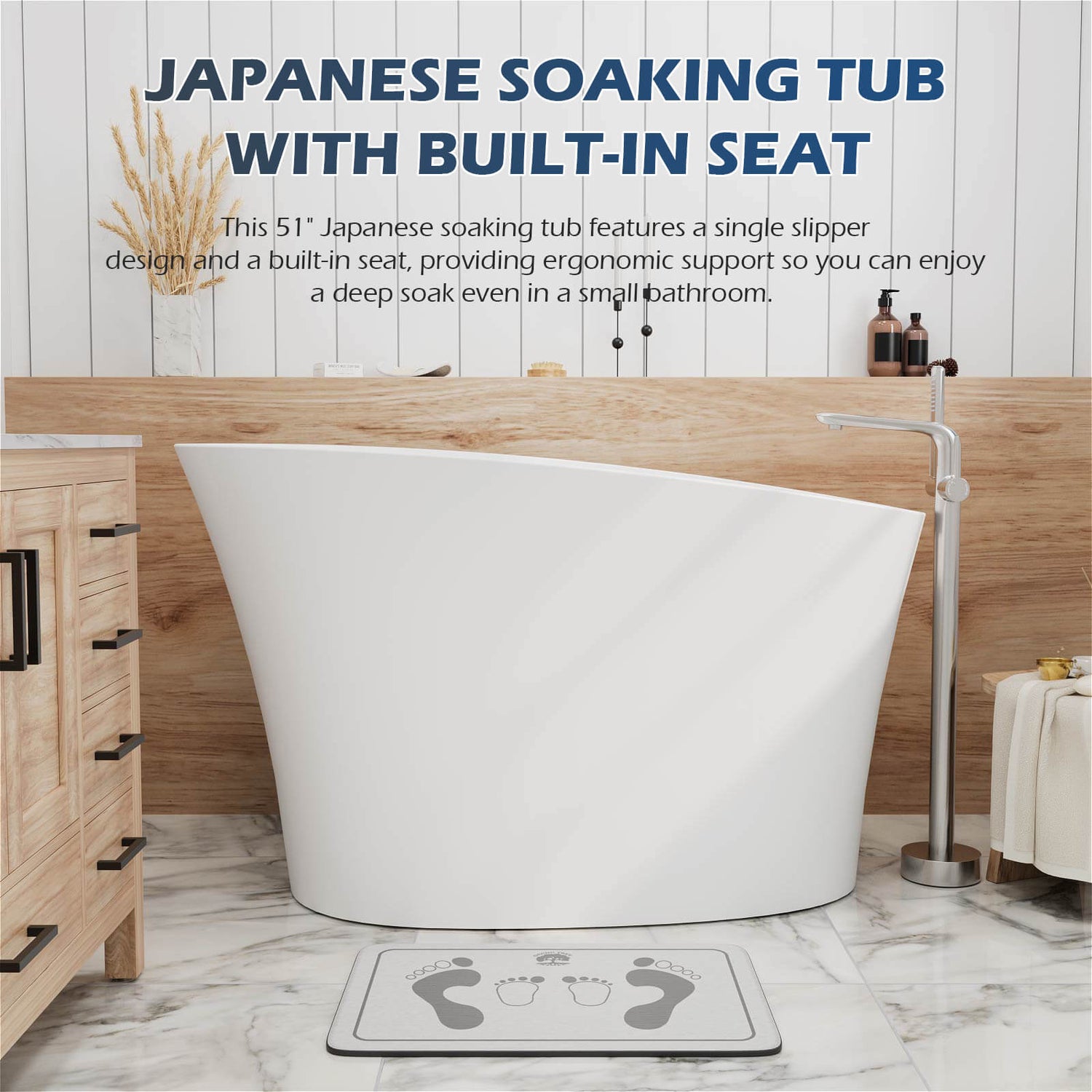 51&quot; Single Slipper Freestanding Japanese Soaking Bathtub Solid Surface Stone Resin Tub with Built-in Seat