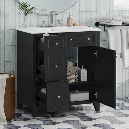 Left side drawer design of 30 inch black vanity for better storage access_a104fe83 c01f 4760 85a3 6ca83d8c0cb2