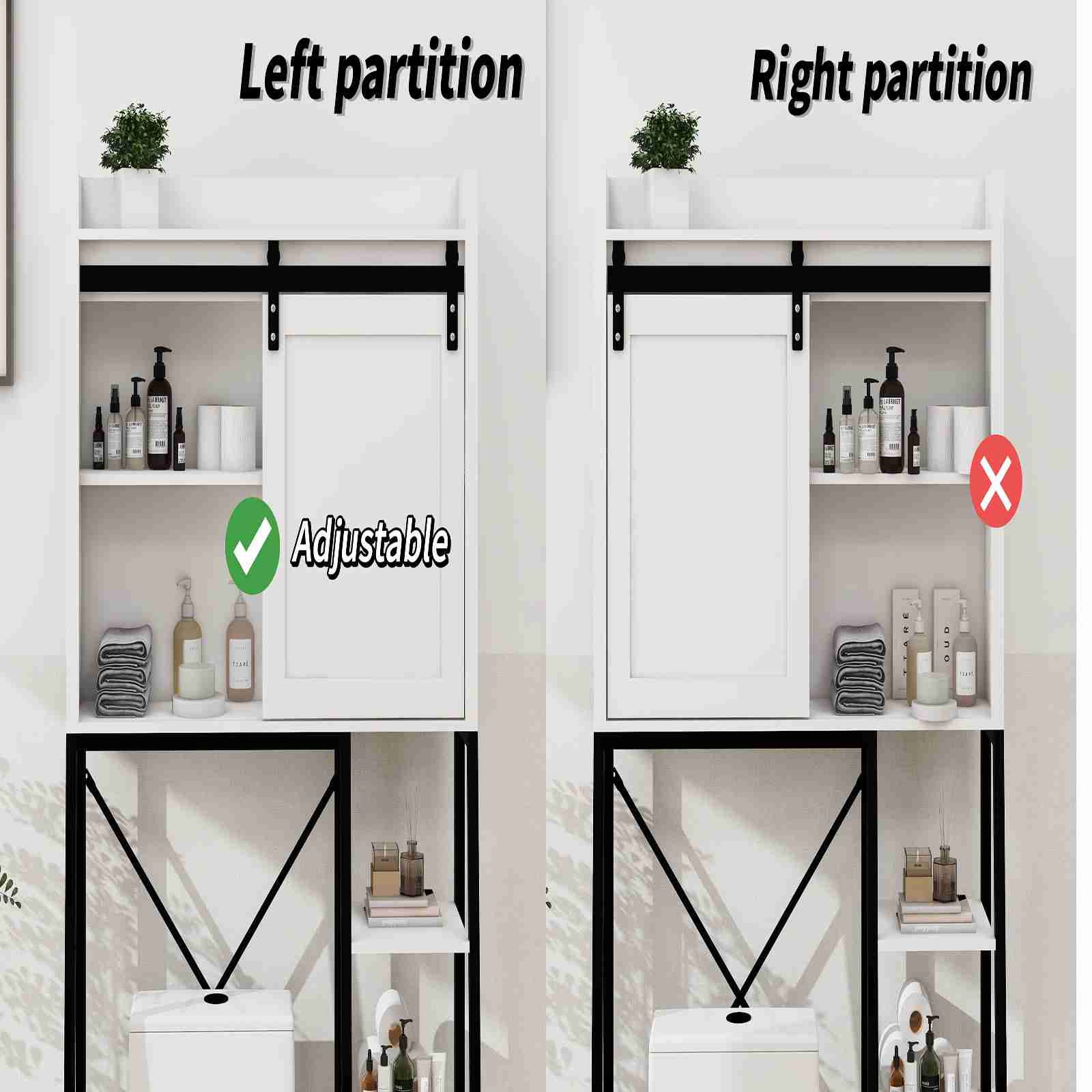 White Bathroom Over Toilet Storage with Sliding Barn Door, Adjustable Shelves, Side Rack