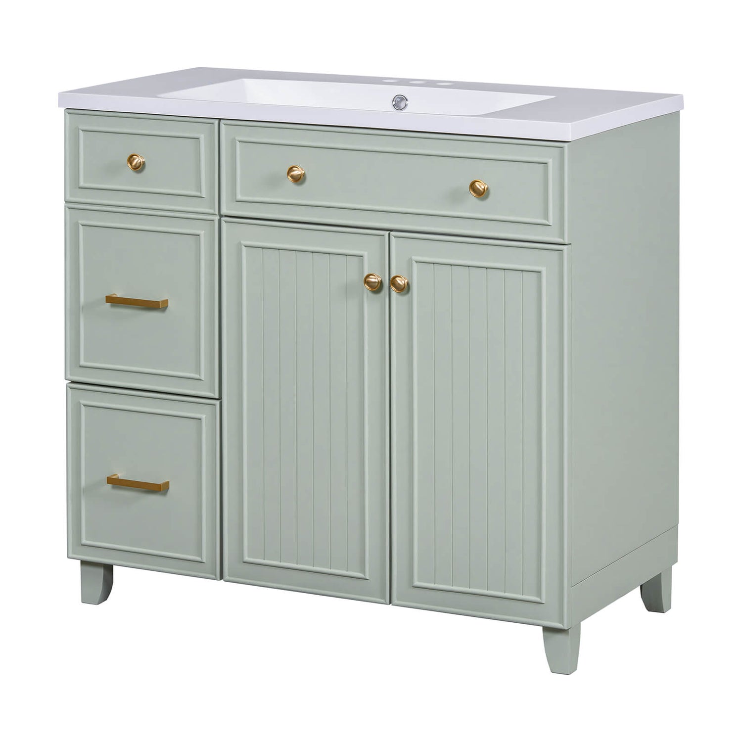 Light grey-green bathroom vanity with adjustable shelves