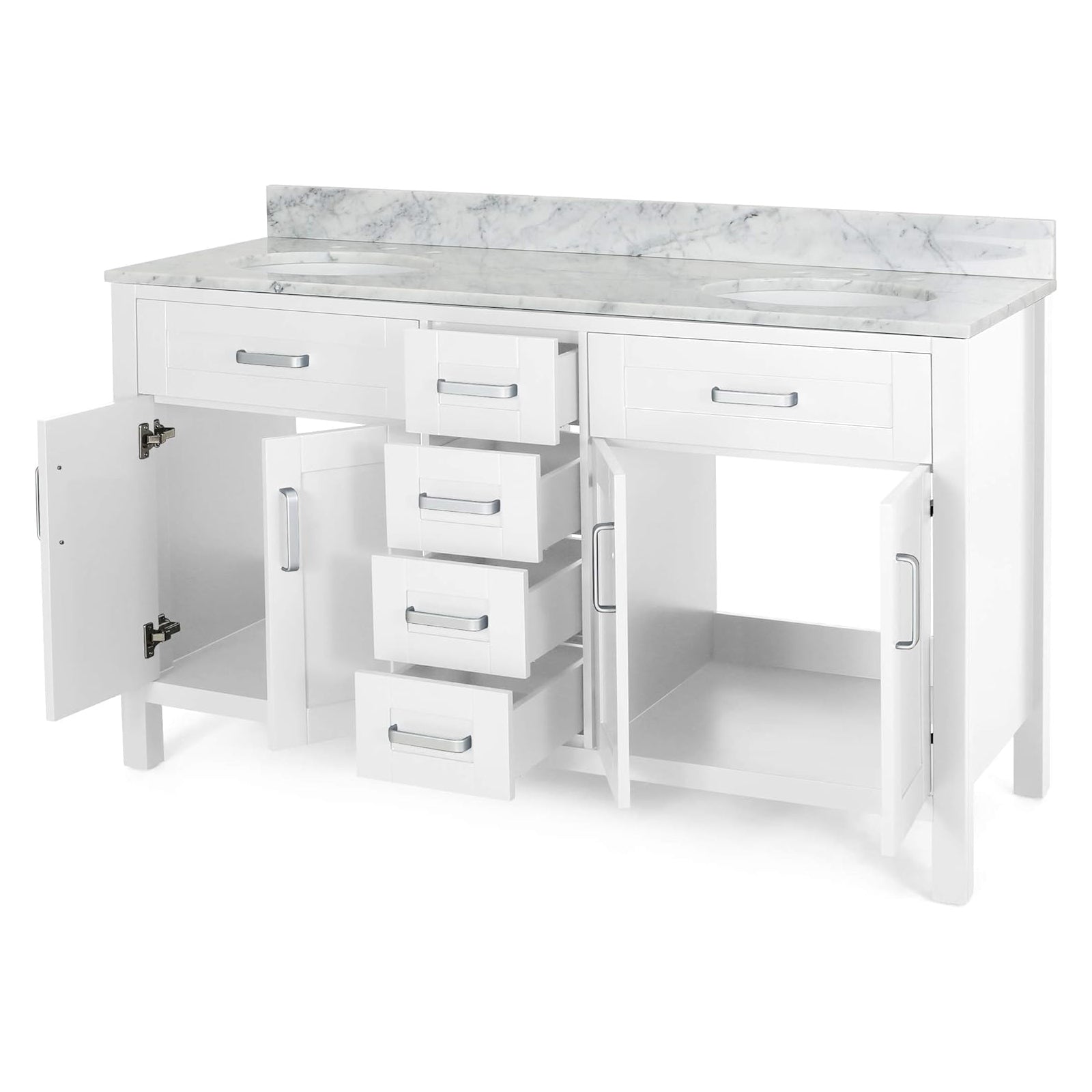 Luxury 61 inch White Bathroom Vanity with Soft Close Drawers and Carrara Marble