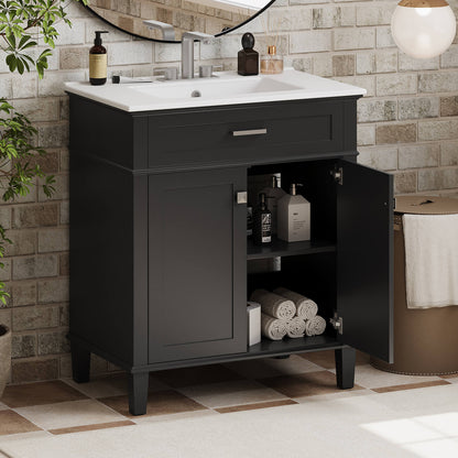 Luxury black bathroom vanity with ceramic undermount sink and refined silver metal hardware