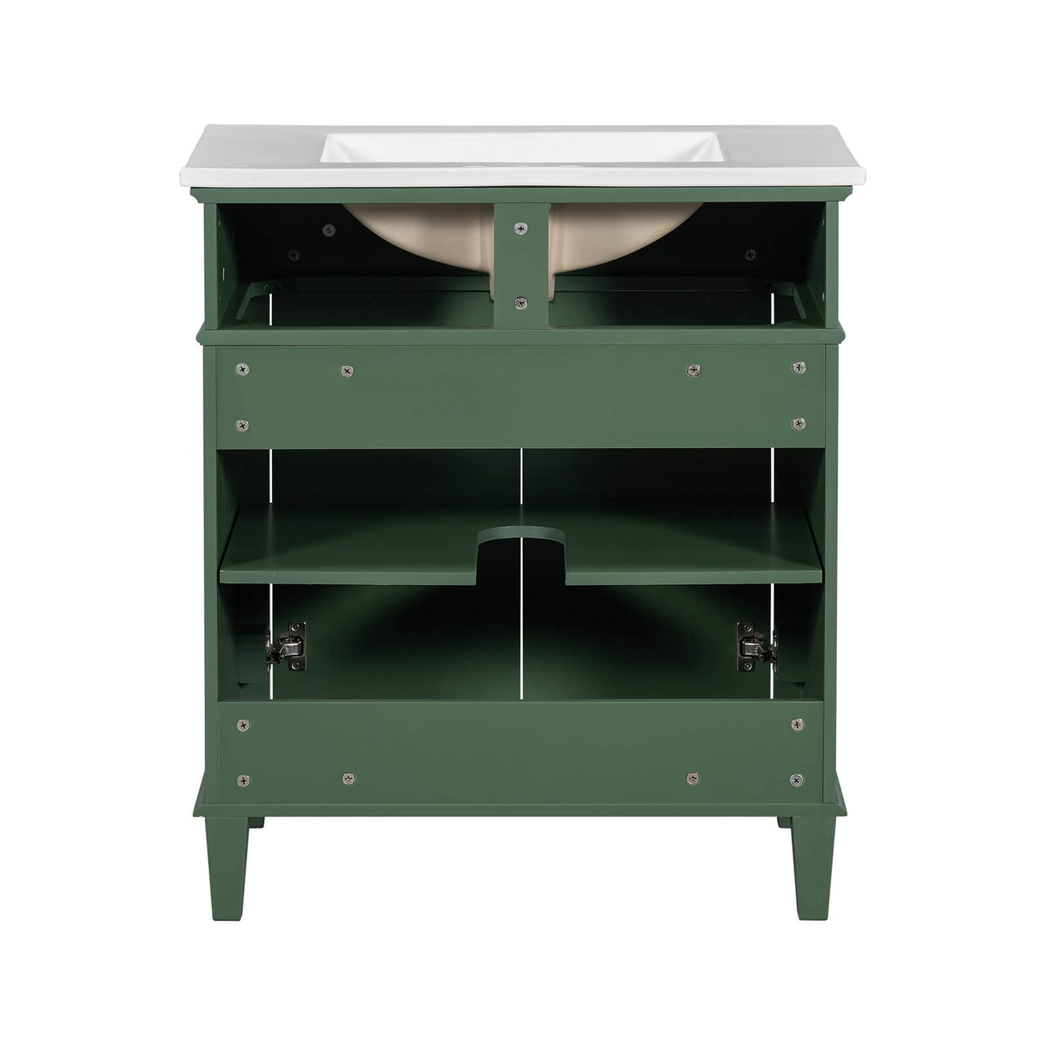 Luxury green vanity with gold accents and soft close cabinet doors