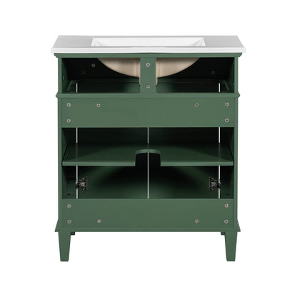 Luxury green vanity with gold accents and soft close cabinet doors