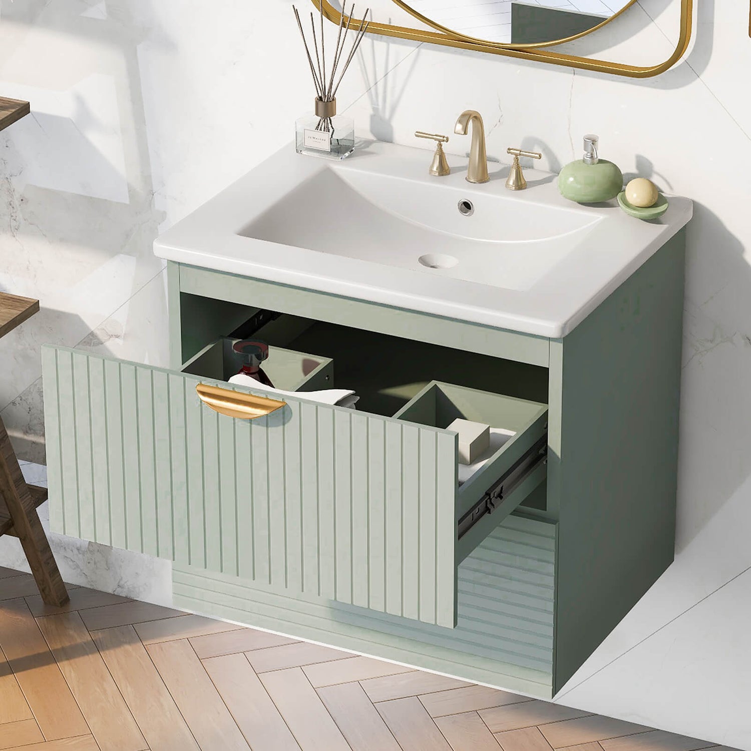 MDF construction of sage green bathroom vanity