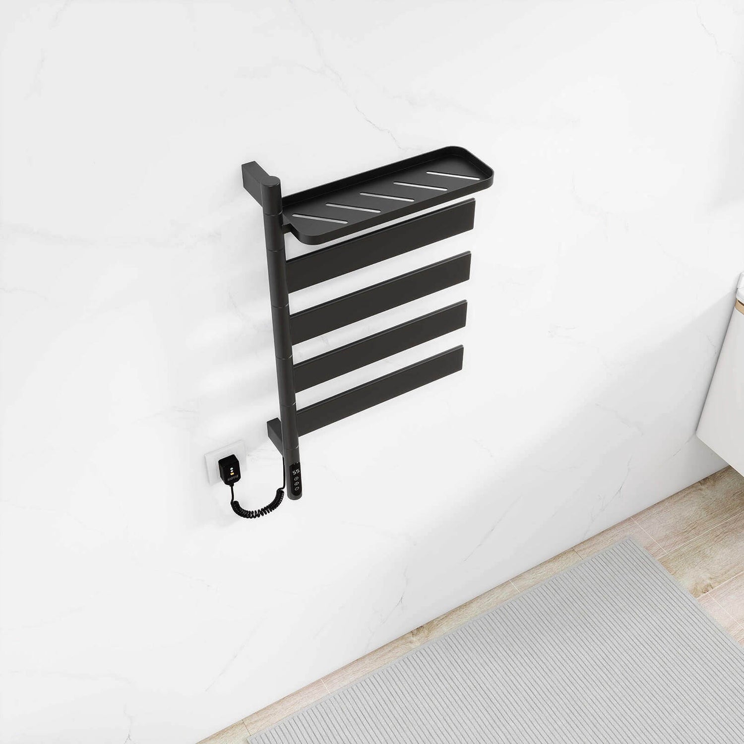 Matte black towel warmer with LED display