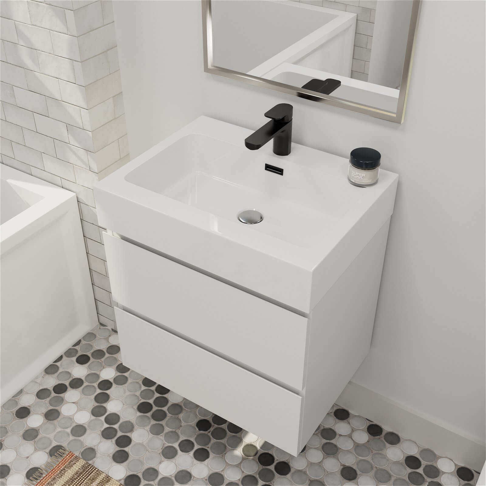 Minimalist 24 Inch Floating Vanity in All White Design with Two Soft Close Drawers