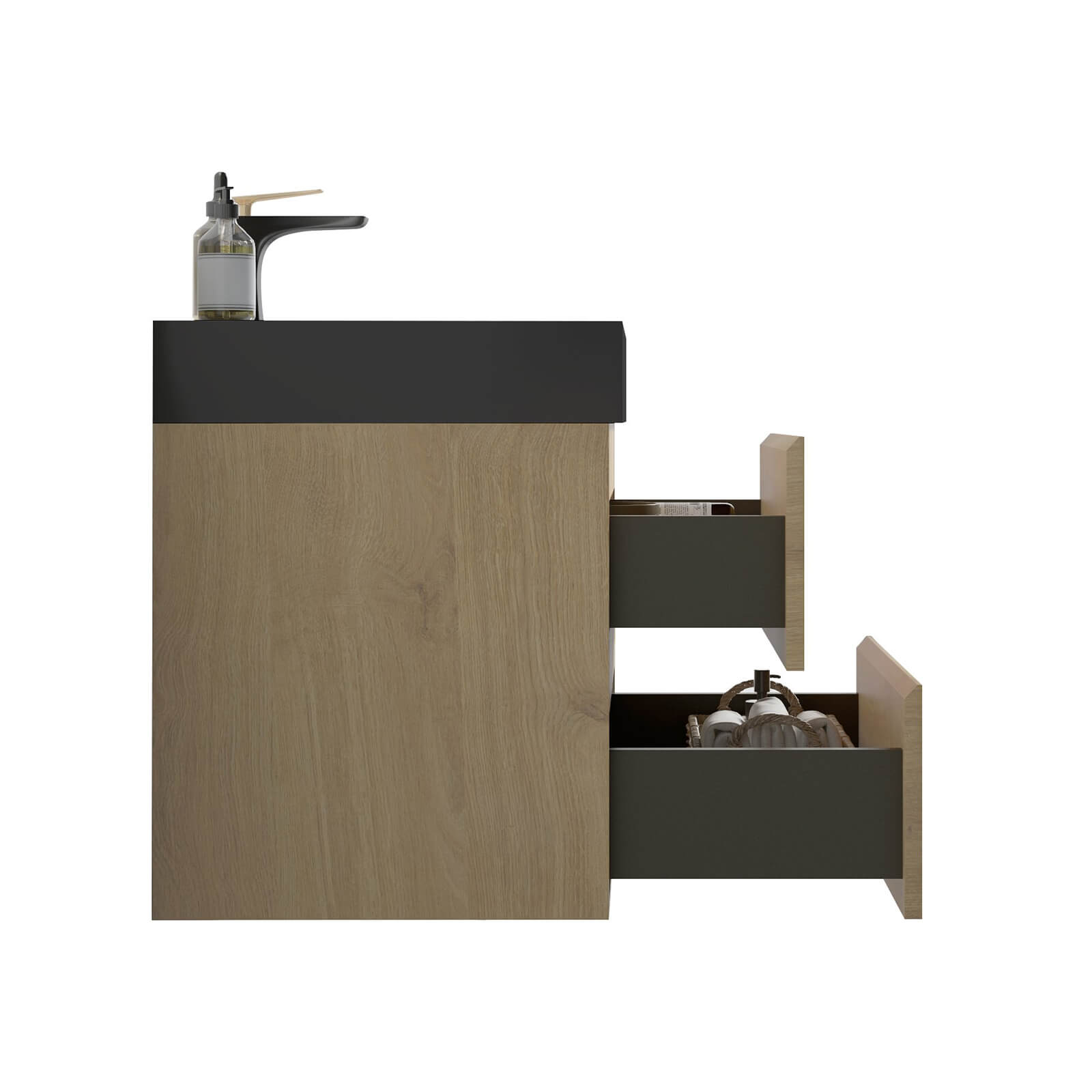 Minimalist oak floating vanity showcasing natural wood grain and sleek design