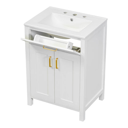 Modern 24 in White Vanity with Sink_ Adjustable Shelf_ and Flip Top Drawer for Storage