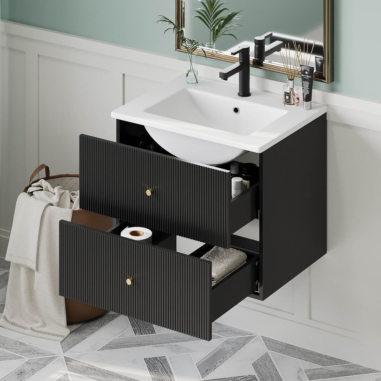 Modern 24 inch black vanity with stylish wave pattern surface