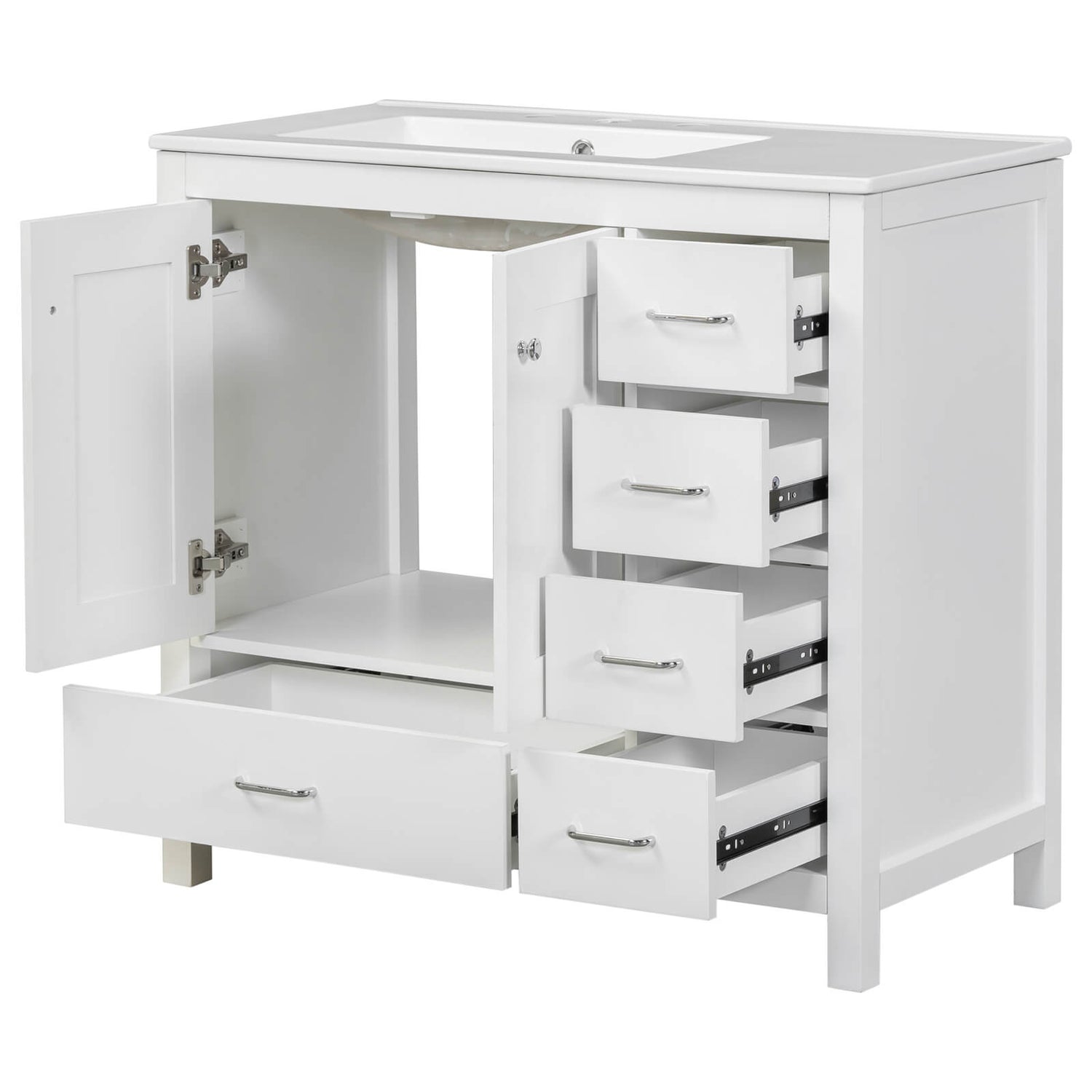 Modern 36 Inch White Bathroom Vanity with Right Side Storage Drawers