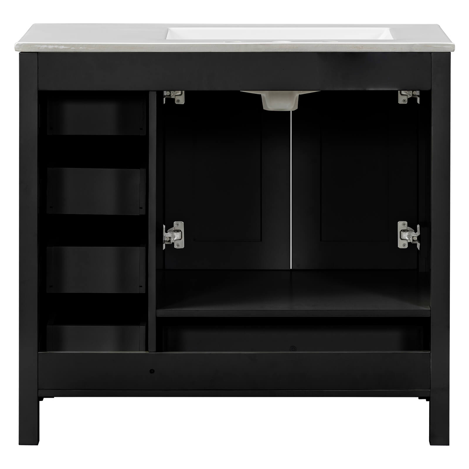 Modern 36 inch black vanity with ample storage and soft close drawers