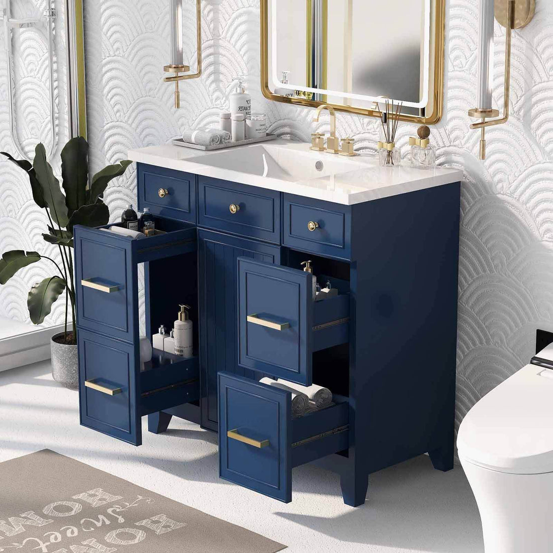 Modern 36 inch blue bathroom vanity with double layered drawers